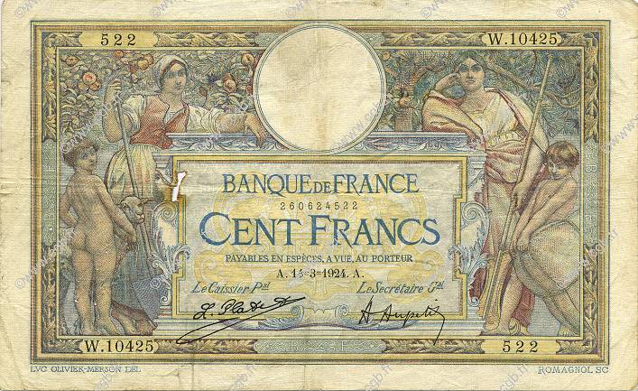 100 Francs LUC OLIVIER MERSON grands cartouches FRANKREICH  1924 F.24.02 fS