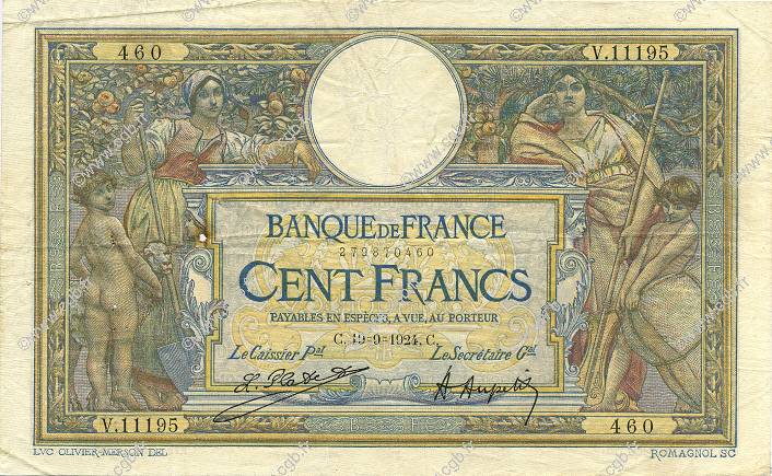100 Francs LUC OLIVIER MERSON grands cartouches FRANCIA  1924 F.24.02 BC a MBC