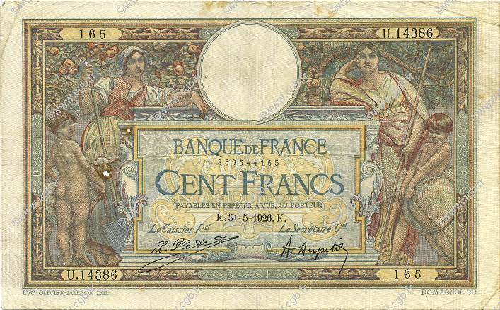 100 Francs LUC OLIVIER MERSON grands cartouches FRANCIA  1926 F.24.04 MB