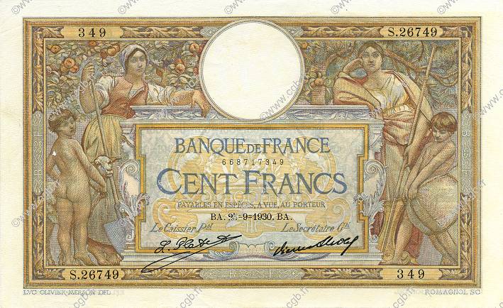 100 Francs LUC OLIVIER MERSON grands cartouches FRANCIA  1930 F.24.09 EBC+