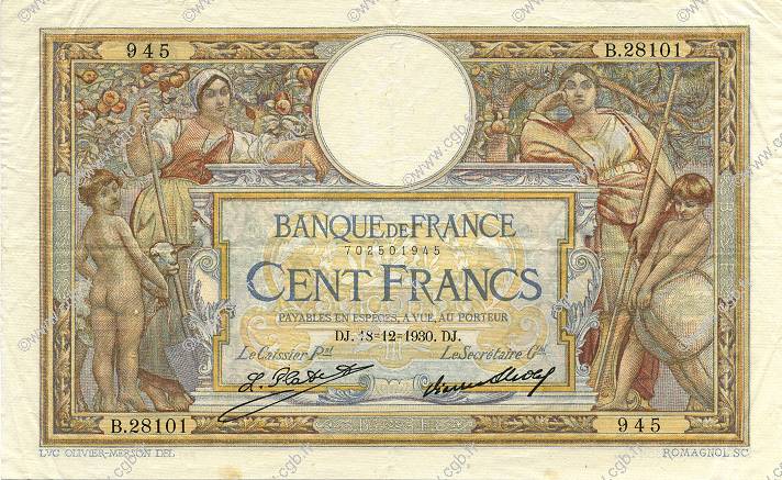 100 Francs LUC OLIVIER MERSON grands cartouches FRANCE  1930 F.24.09 XF-