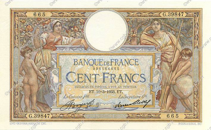 100 Francs LUC OLIVIER MERSON grands cartouches FRANCIA  1933 F.24.12 AU+