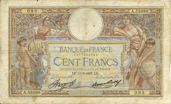 100 Francs LUC OLIVIER MERSON grands cartouches FRANCE  1937 F.24.16 VG