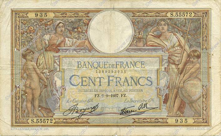 100 Francs LUC OLIVIER MERSON type modifié FRANCIA  1937 F.25.01 BC