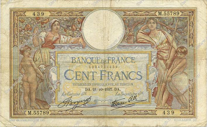 100 Francs LUC OLIVIER MERSON type modifié FRANCIA  1937 F.25.03 MB