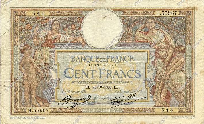 100 Francs LUC OLIVIER MERSON type modifié FRANCIA  1937 F.25.03 BC+