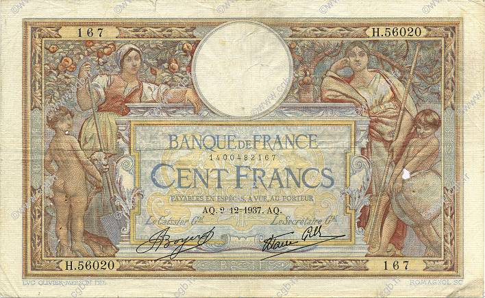 100 Francs LUC OLIVIER MERSON type modifié FRANCE  1937 F.25.04 F
