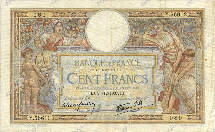 100 Francs LUC OLIVIER MERSON type modifié FRANKREICH  1937 F.25.06 SS