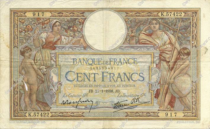 100 Francs LUC OLIVIER MERSON type modifié FRANKREICH  1938 F.25.09 fSS