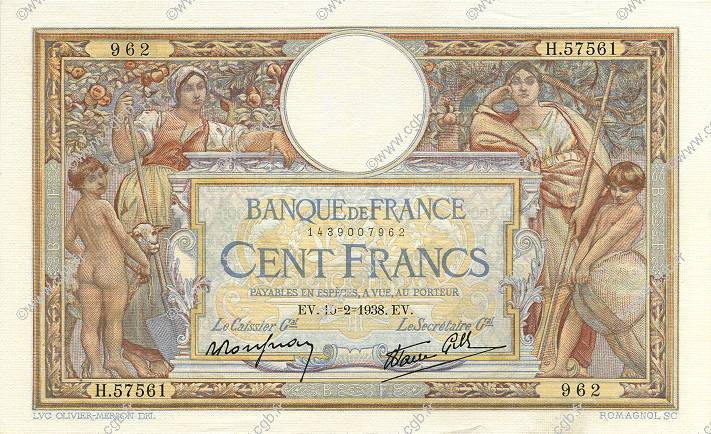 100 Francs LUC OLIVIER MERSON type modifié FRANCIA  1938 F.25.10 SPL+