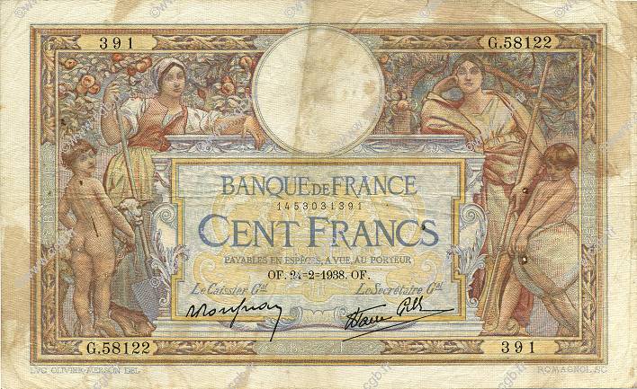 100 Francs LUC OLIVIER MERSON type modifié FRANCIA  1938 F.25.12 BC