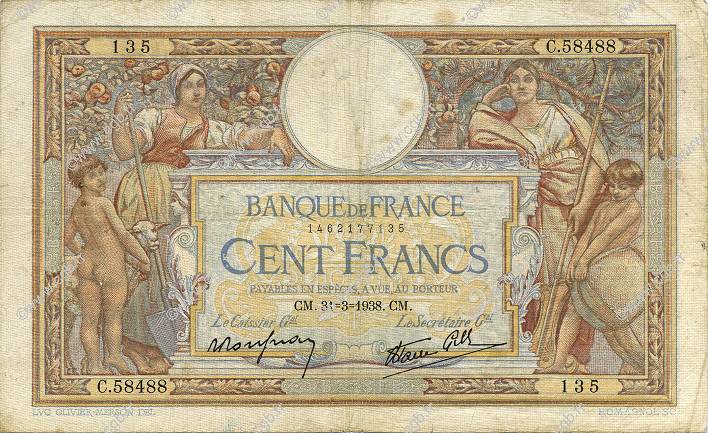 100 Francs LUC OLIVIER MERSON type modifié FRANCIA  1938 F.25.14 BC