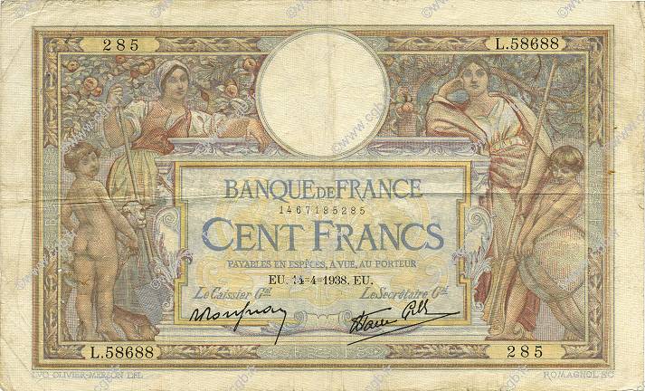 100 Francs LUC OLIVIER MERSON type modifié FRANCIA  1938 F.25.15 BC