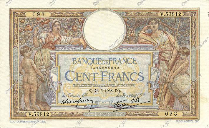 100 Francs LUC OLIVIER MERSON type modifié FRANCIA  1938 F.25.23 EBC
