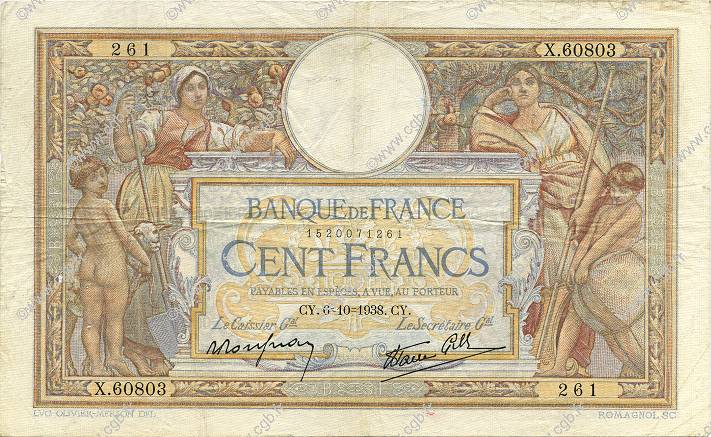 100 Francs LUC OLIVIER MERSON type modifié FRANKREICH  1938 F.25.30 S