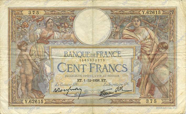 100 Francs LUC OLIVIER MERSON type modifié FRANCIA  1938 F.25.35 q.BB