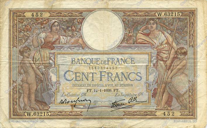 100 Francs LUC OLIVIER MERSON type modifié FRANCIA  1939 F.25.39 BC