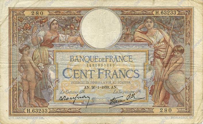 100 Francs LUC OLIVIER MERSON type modifié FRANKREICH  1939 F.25.40 S
