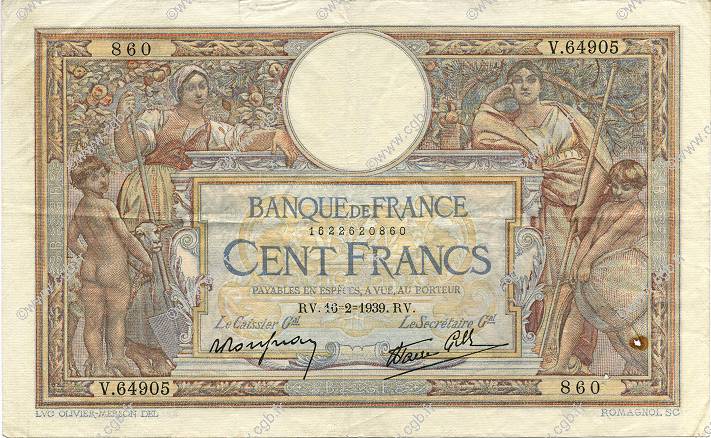 100 Francs LUC OLIVIER MERSON type modifié FRANCE  1939 F.25.43 TTB