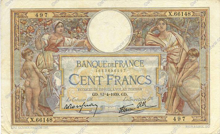 100 Francs LUC OLIVIER MERSON type modifié FRANCE  1939 F.25.46 VF