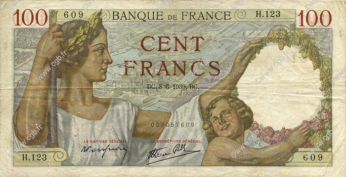 100 Francs SULLY FRANCE  1939 F.26.02 TTB