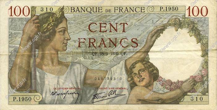 100 Francs SULLY FRANKREICH  1939 F.26.08 fVZ