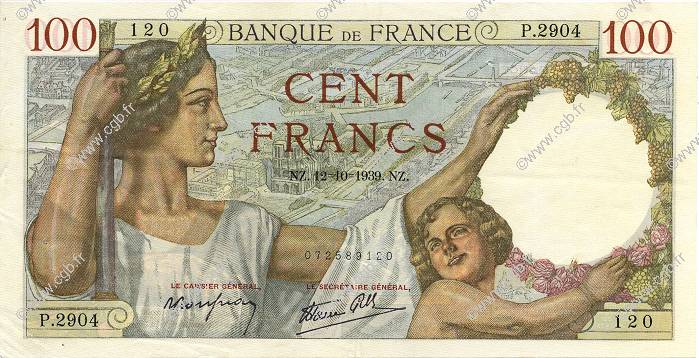 100 Francs SULLY FRANCE  1939 F.26.10 XF-