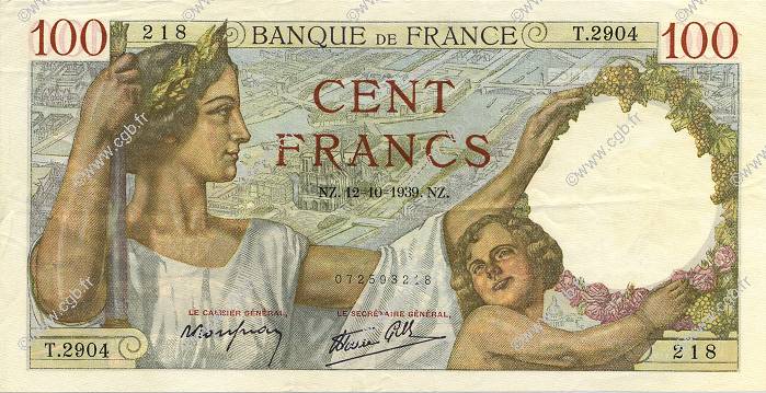 100 Francs SULLY FRANCE  1939 F.26.10 XF