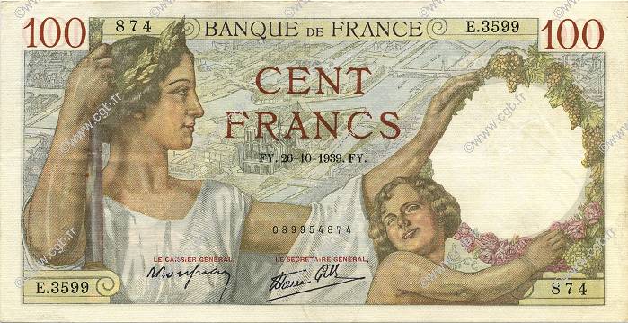 100 Francs SULLY FRANKREICH  1939 F.26.12 fVZ