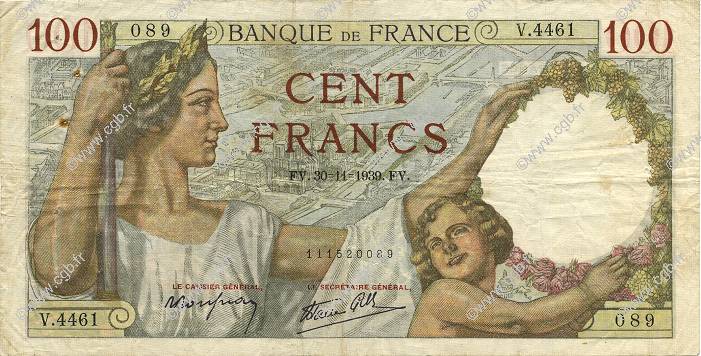 100 Francs SULLY FRANCIA  1939 F.26.16 q.BB