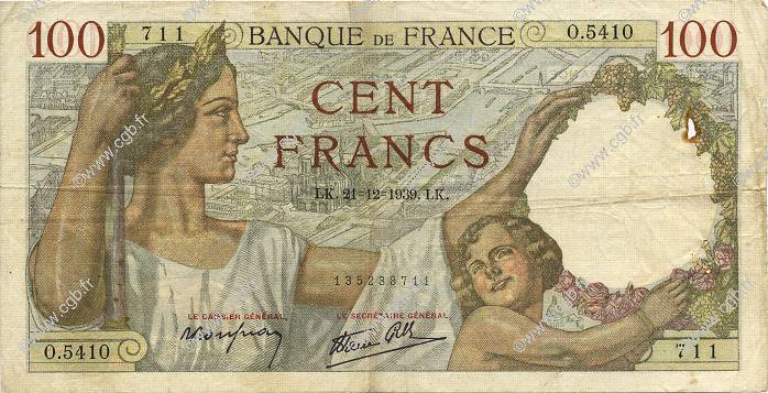 100 Francs SULLY FRANCE  1939 F.26.18 F+