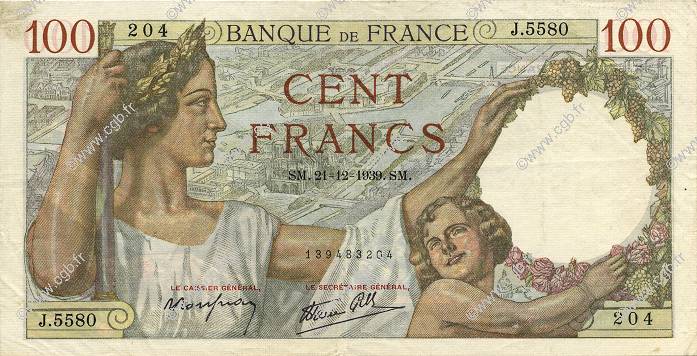 100 Francs SULLY FRANCIA  1939 F.26.18 q.SPL