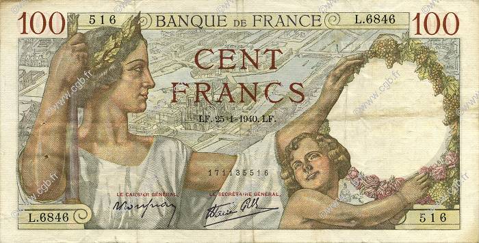 100 Francs SULLY FRANCE  1940 F.26.21 VF