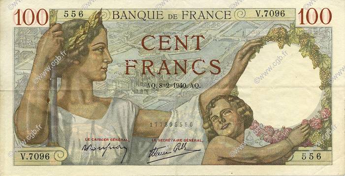 100 Francs SULLY FRANCE  1940 F.26.22 VF+