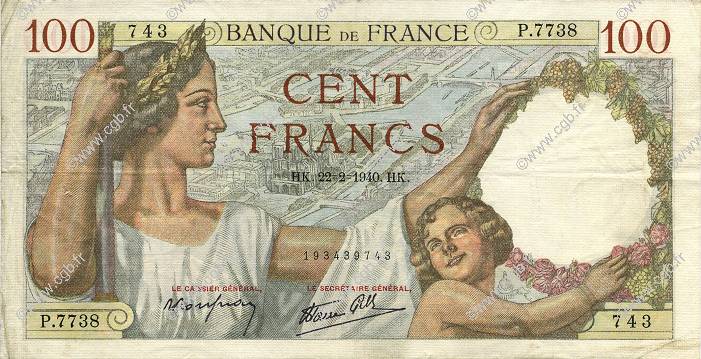 100 Francs SULLY FRANCE  1940 F.26.23 VF