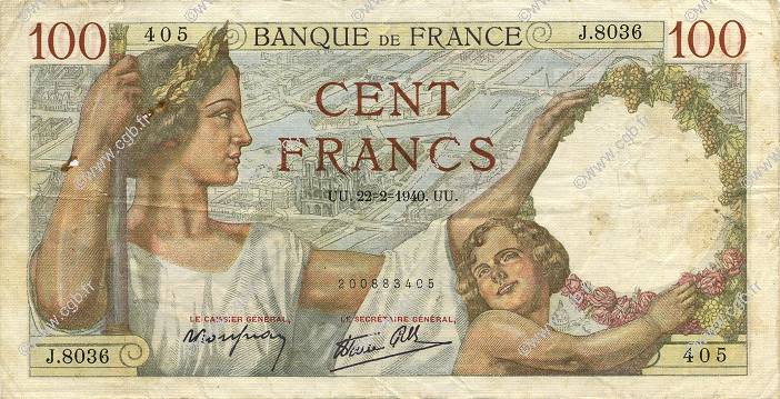 100 Francs SULLY FRANCE  1940 F.26.23 VF-