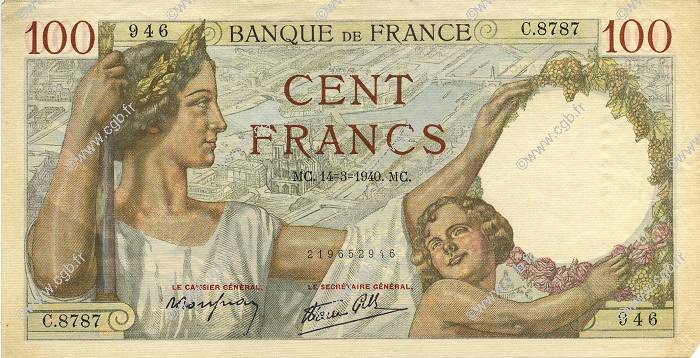 100 Francs SULLY FRANCE  1940 F.26.25 VF+