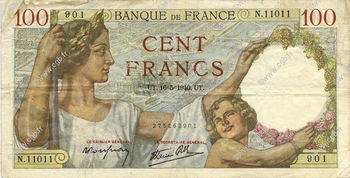 100 Francs SULLY FRANCIA  1940 F.26.29 MBC