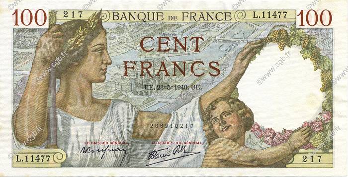 100 Francs SULLY FRANCIA  1940 F.26.30 SPL+