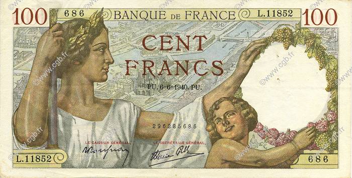 100 Francs SULLY FRANCIA  1940 F.26.31 q.SPL
