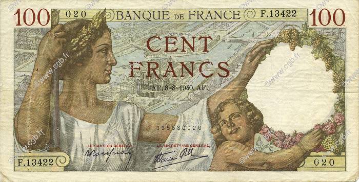 100 Francs SULLY FRANCE  1940 F.26.35 VF-