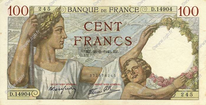 100 Francs SULLY FRANCIA  1940 F.26.38 SPL