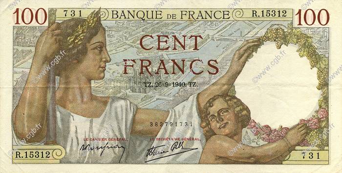 100 Francs SULLY FRANKREICH  1940 F.26.38 SS to VZ