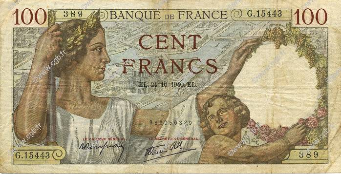100 Francs SULLY FRANCE  1940 F.26.39 F