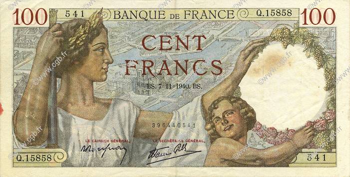 100 Francs SULLY FRANKREICH  1940 F.26.40 SS