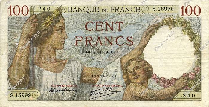 100 Francs SULLY FRANCE  1940 F.26.40 VF