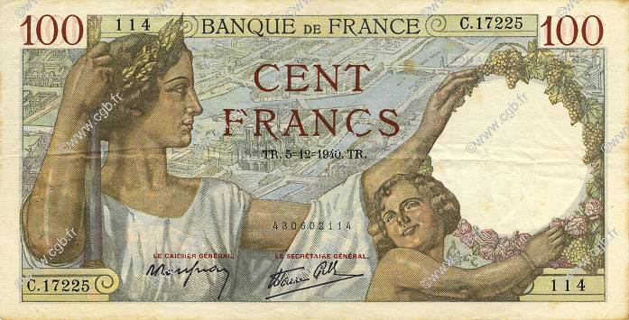 100 Francs SULLY FRANCIA  1940 F.26.42 MBC