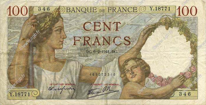 100 Francs SULLY FRANCE  1941 F.26.46 VF-