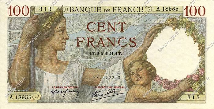 100 Francs SULLY FRANCE  1941 F.26.46 AU