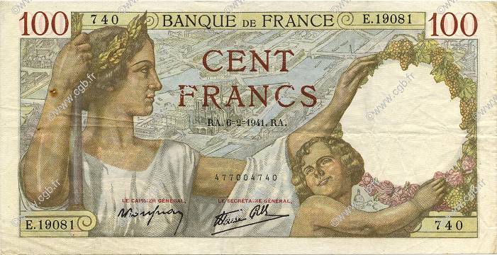 100 Francs SULLY FRANKREICH  1941 F.26.46 SS
